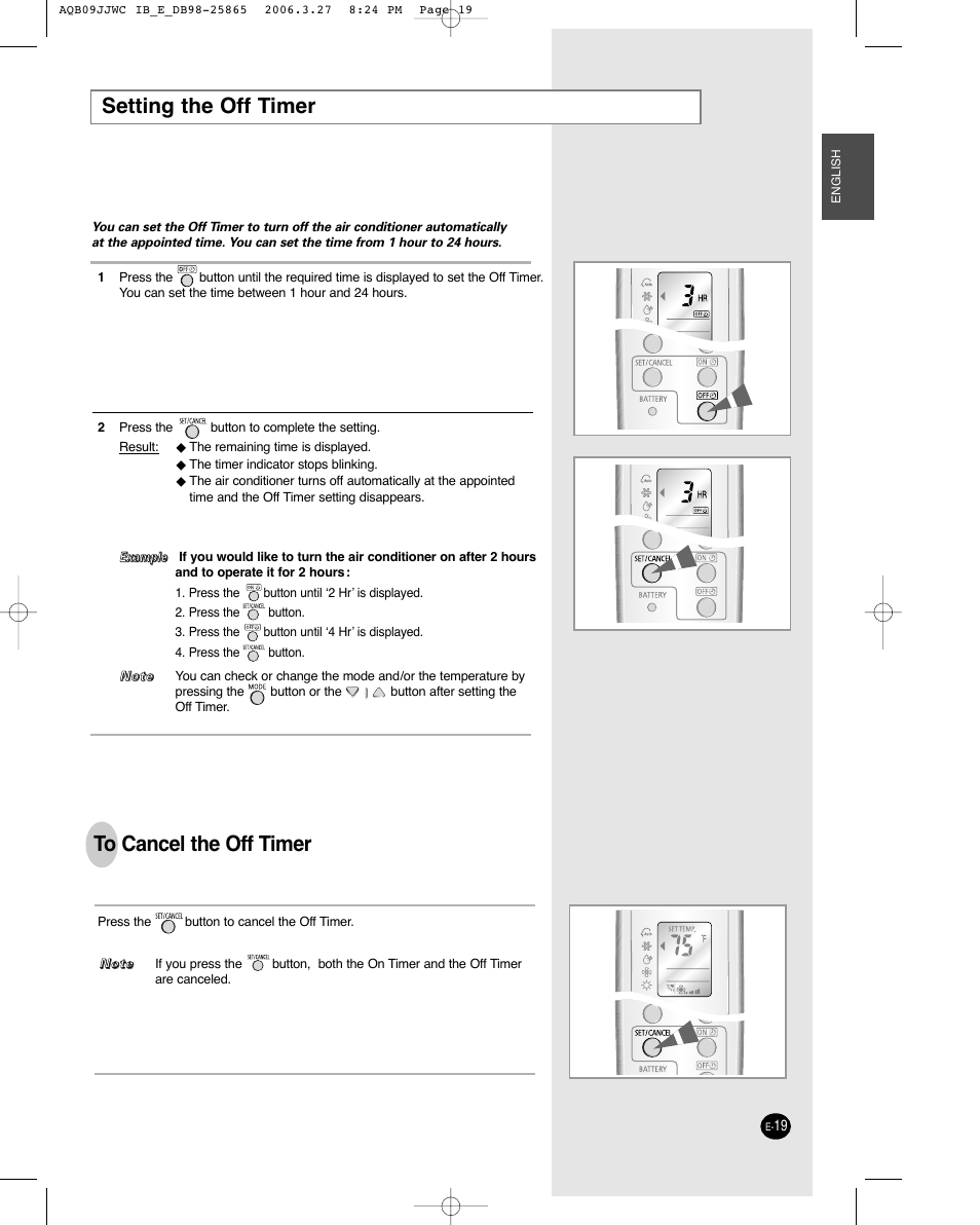 Setting the off timer | Samsung AQB18J6WC User Manual | Page 19 / 26