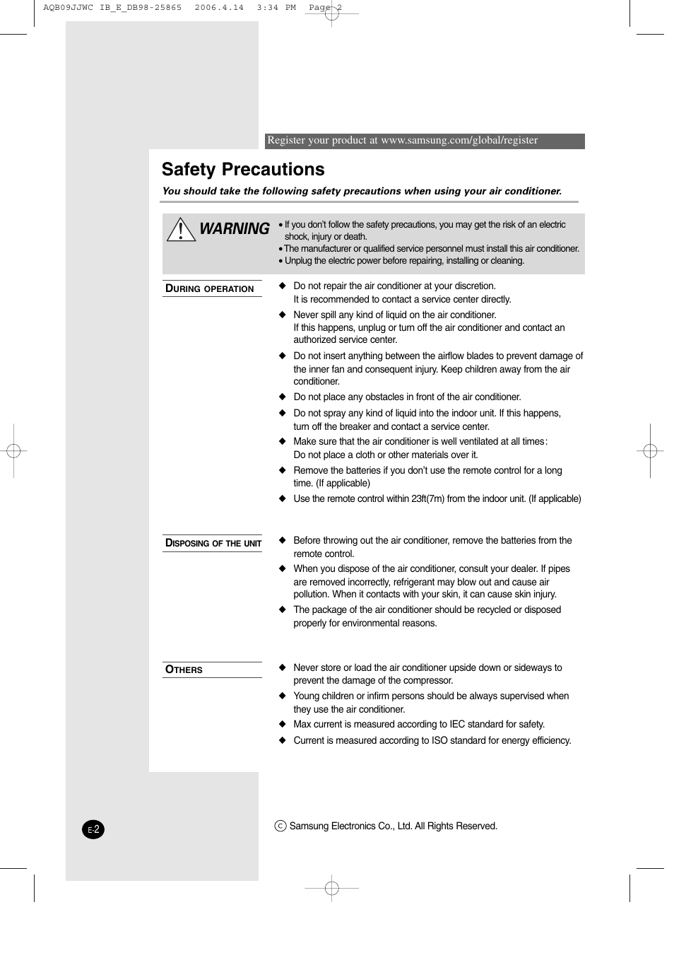 Safety precautions, Warning | Samsung AQB18J6WC User Manual | Page 2 / 26