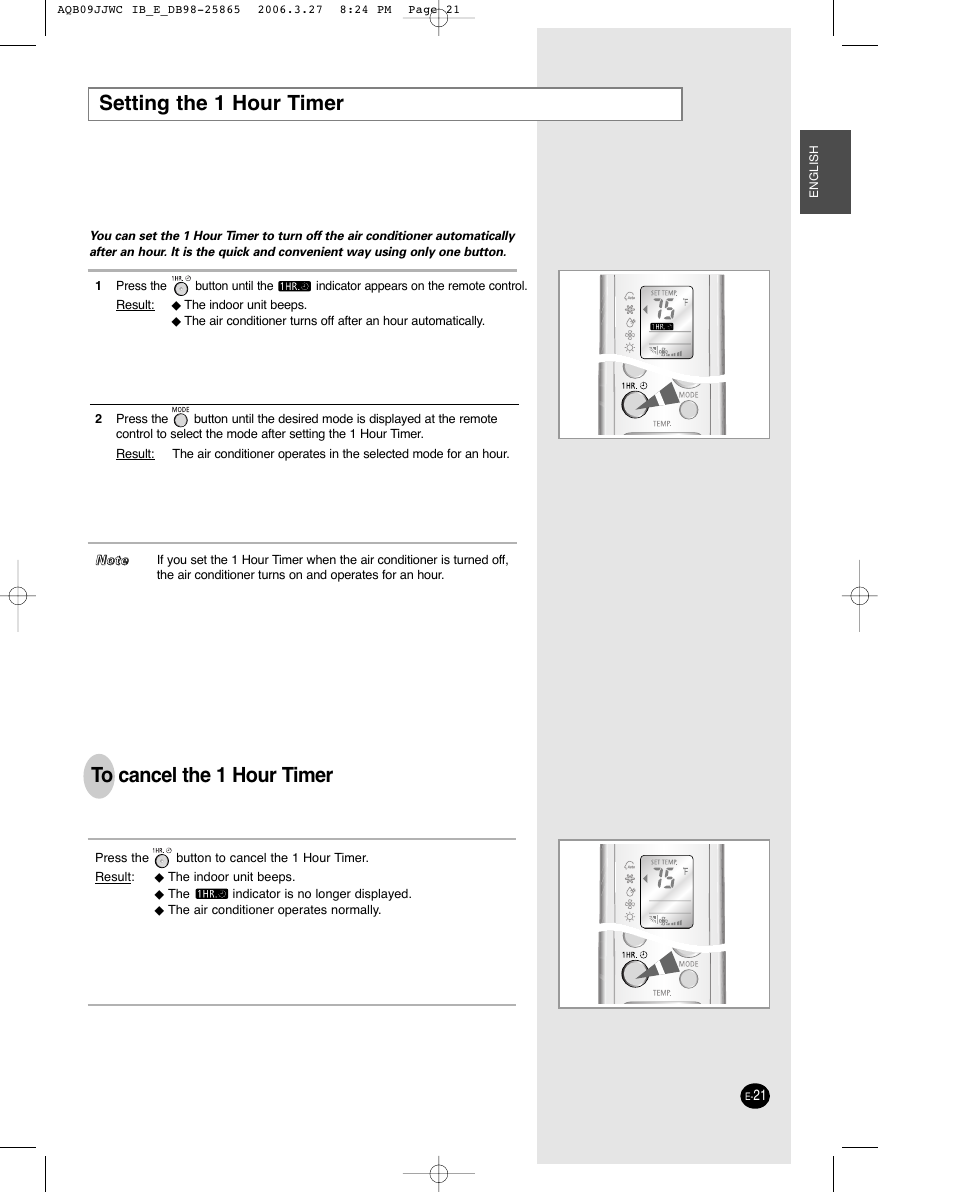 Setting the 1 hour timer | Samsung AQB18J6WC User Manual | Page 21 / 26