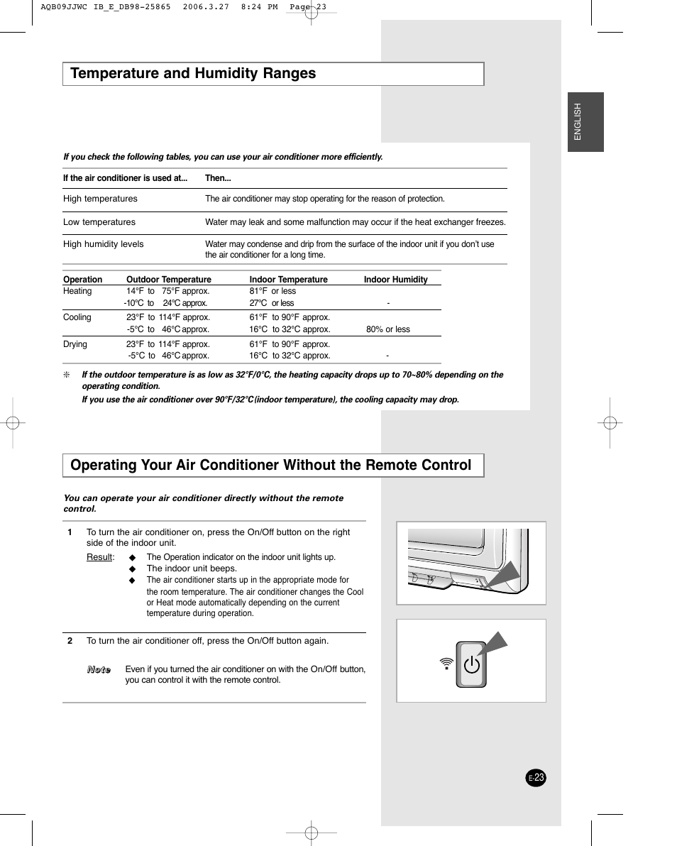 Temperature and humidity ranges | Samsung AQB18J6WC User Manual | Page 23 / 26