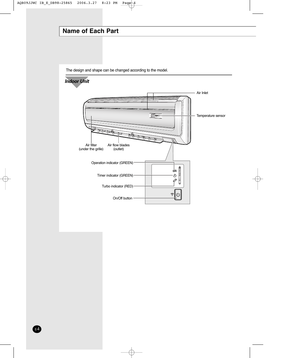 Name of each part, Indoor unit | Samsung AQB18J6WC User Manual | Page 4 / 26