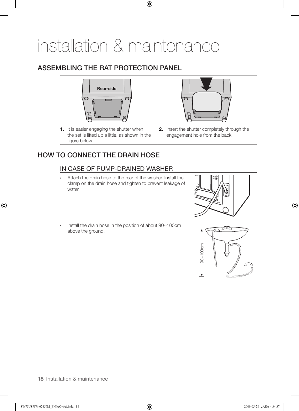 Installation & maintenance, Assembling the rat protection panel, How to connect the drain hose | Samsung SW75USP User Manual | Page 18 / 24