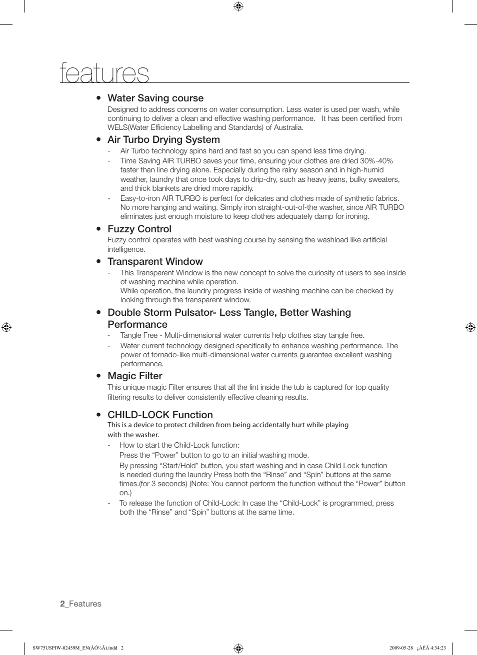 Features | Samsung SW75USP User Manual | Page 2 / 24