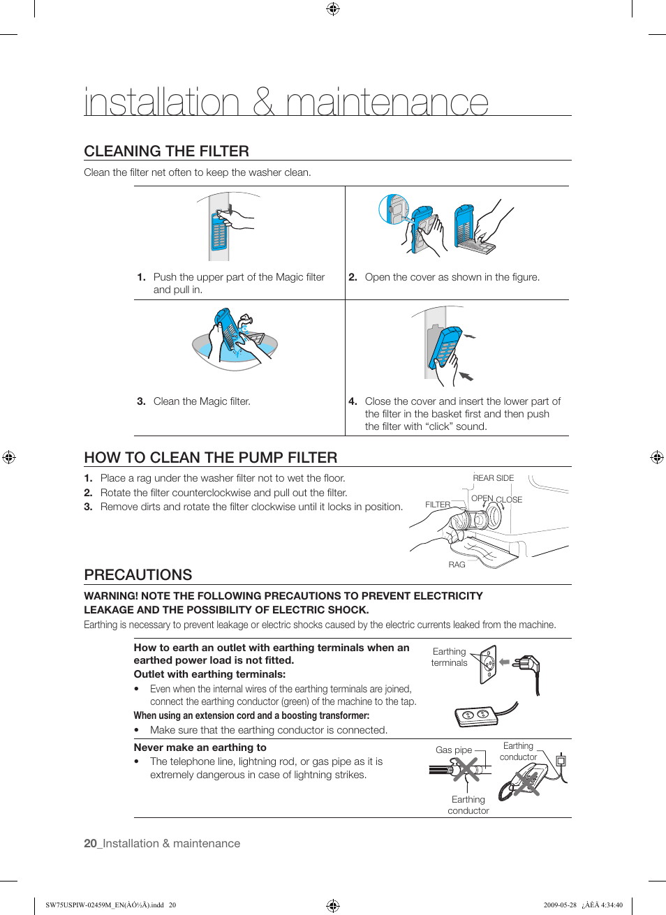 Installation & maintenance, Cleaning the filter, How to clean the pump filter | Precautions | Samsung SW75USP User Manual | Page 20 / 24