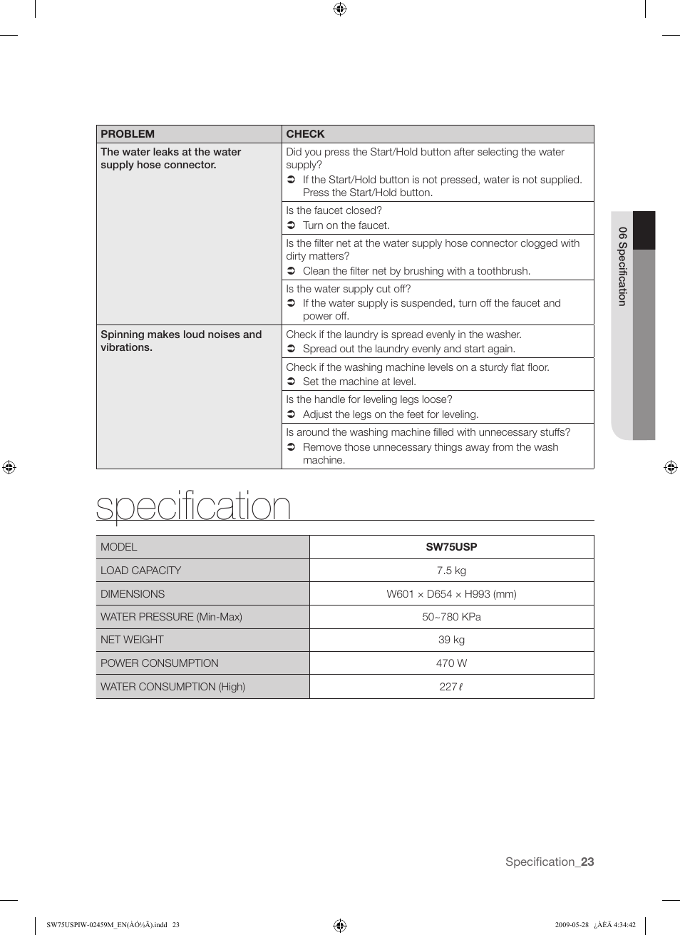 Specification | Samsung SW75USP User Manual | Page 23 / 24