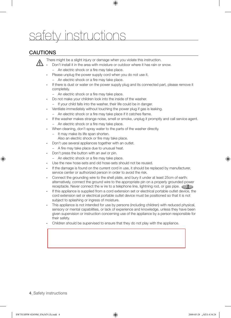 Safety instructions, Cautions | Samsung SW75USP User Manual | Page 4 / 24