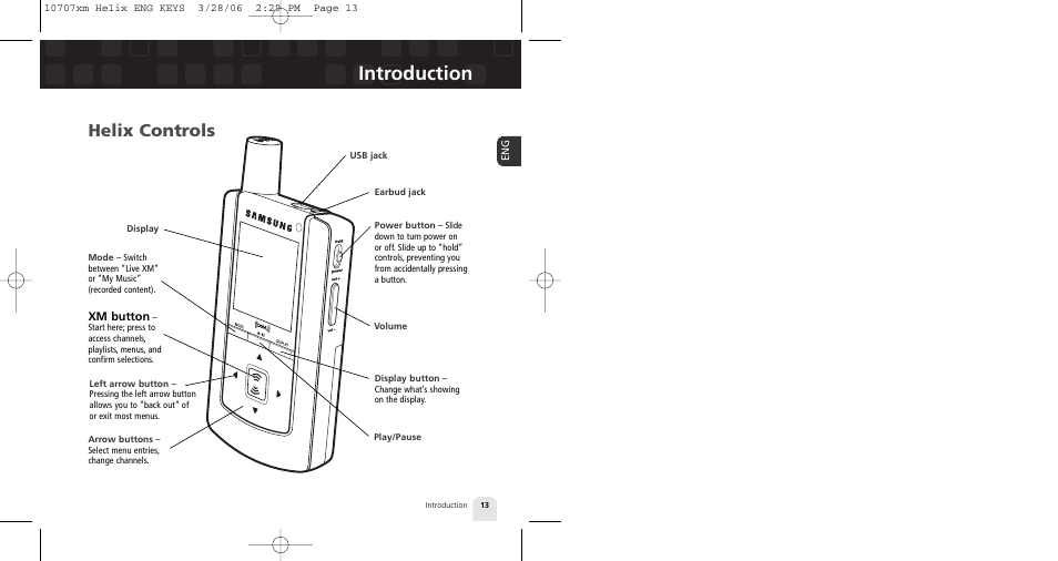 Introduction, Helix controls, Xm button | Samsung XM2go User Manual | Page 13 / 92