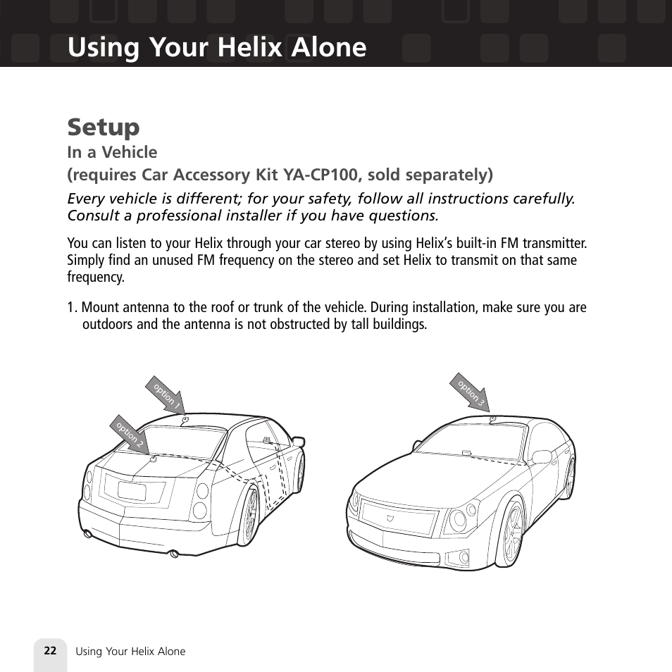 Using your helix alone, Setup | Samsung XM2go User Manual | Page 22 / 92