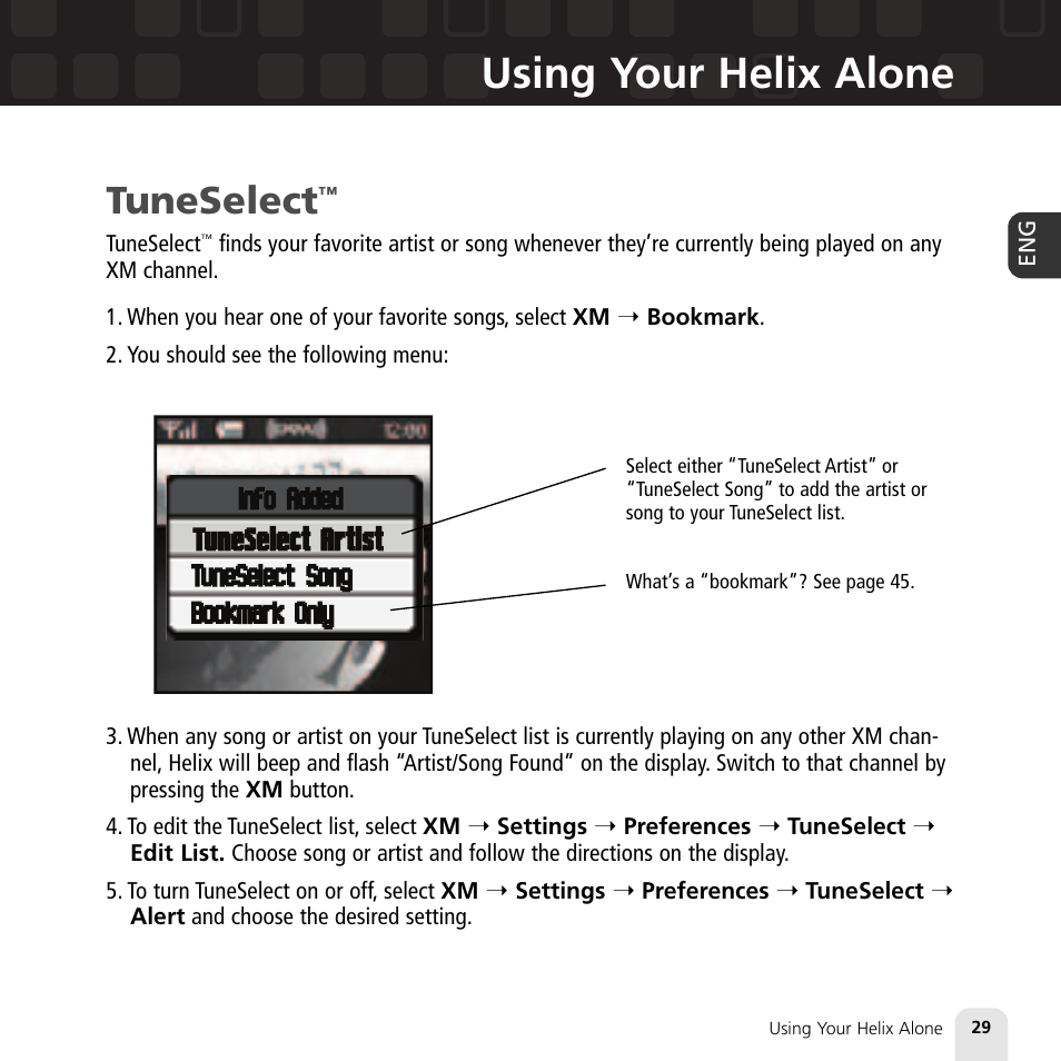 Using your helix alone, Tuneselect | Samsung XM2go User Manual | Page 29 / 92