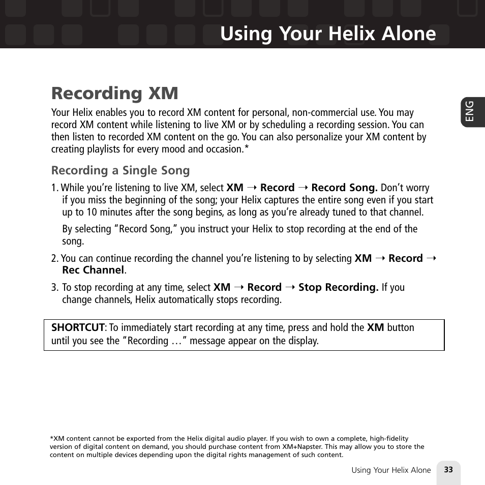 Using your helix alone, Recording xm | Samsung XM2go User Manual | Page 33 / 92