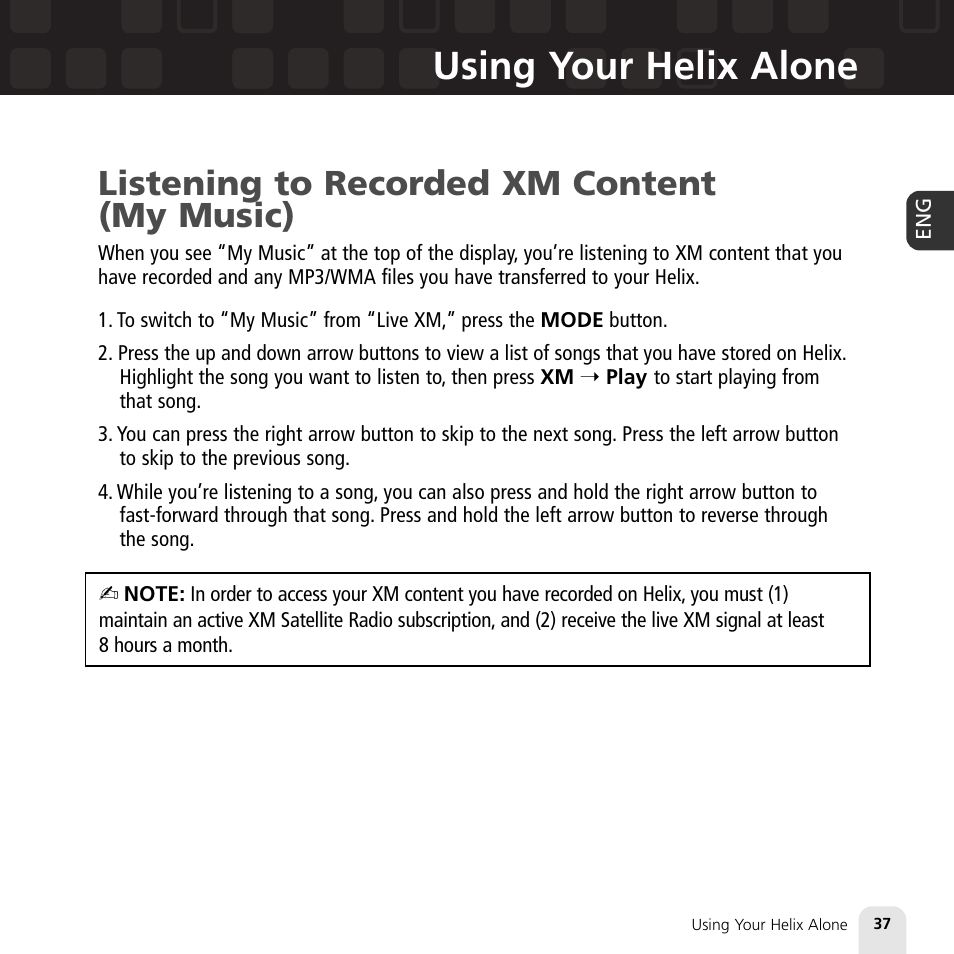 Using your helix alone, Listening to recorded xm content (my music) | Samsung XM2go User Manual | Page 37 / 92