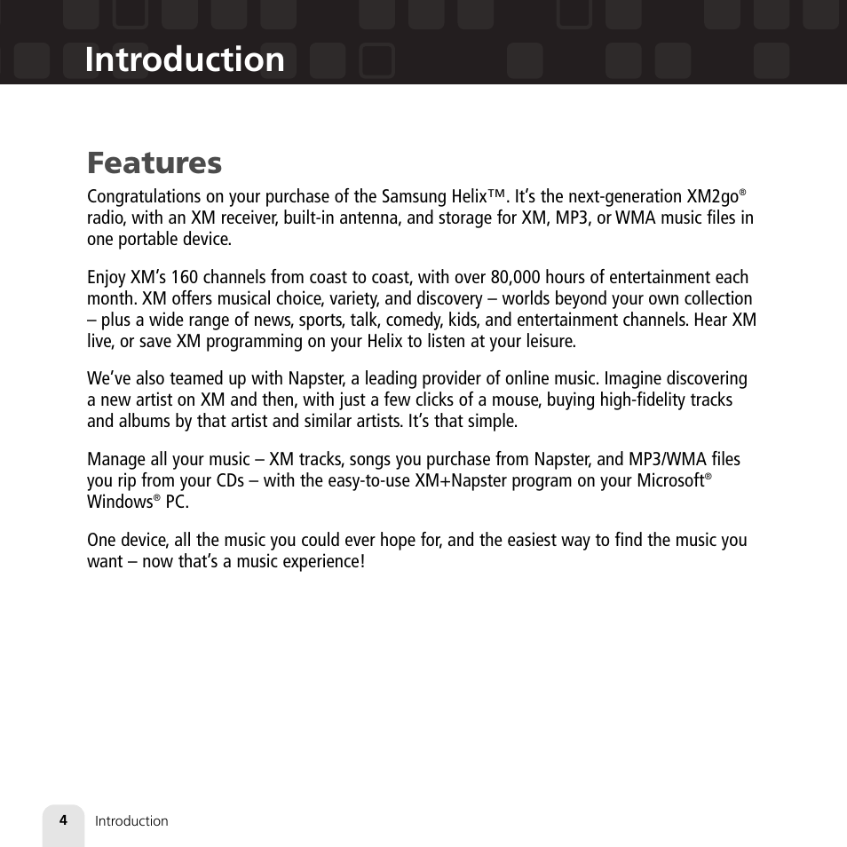 Introduction, Features | Samsung XM2go User Manual | Page 4 / 92