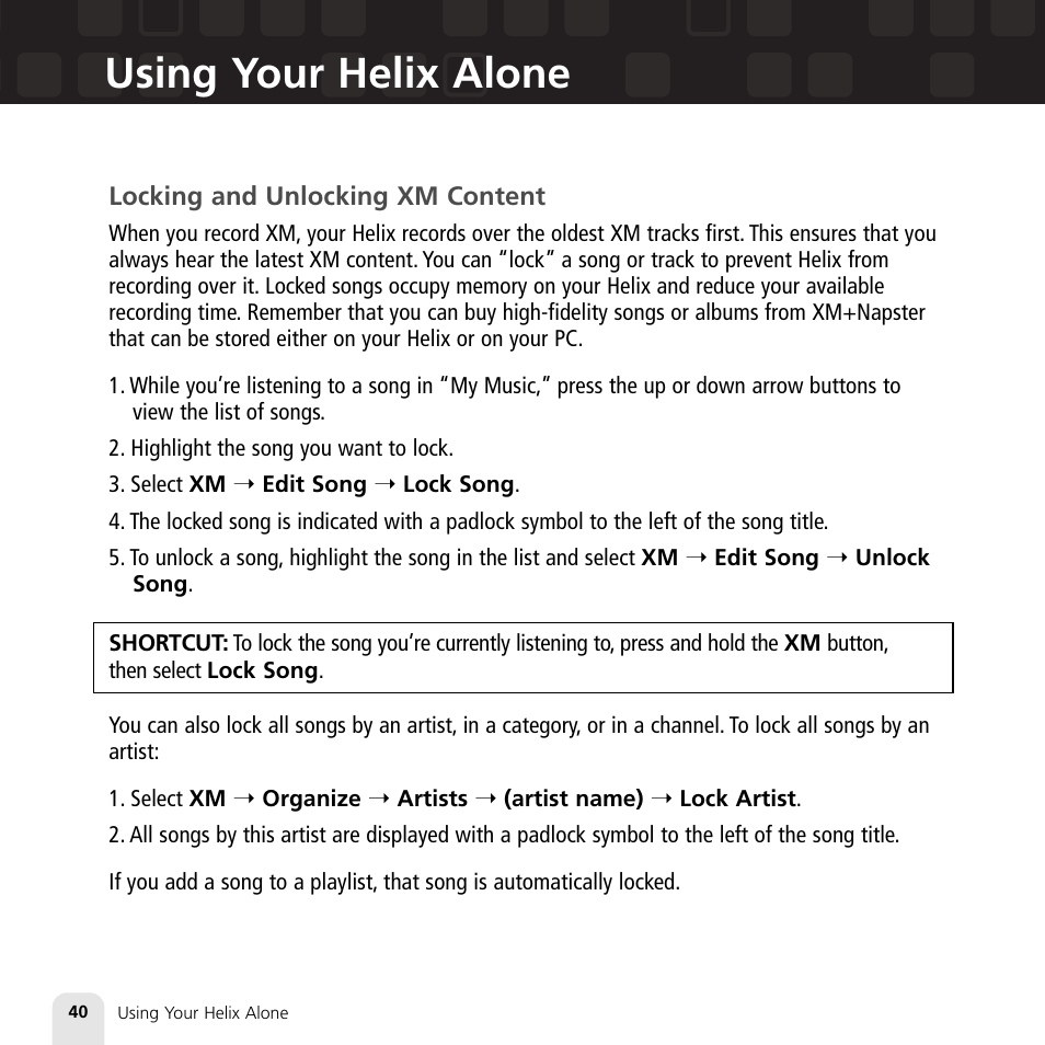 Using your helix alone | Samsung XM2go User Manual | Page 40 / 92