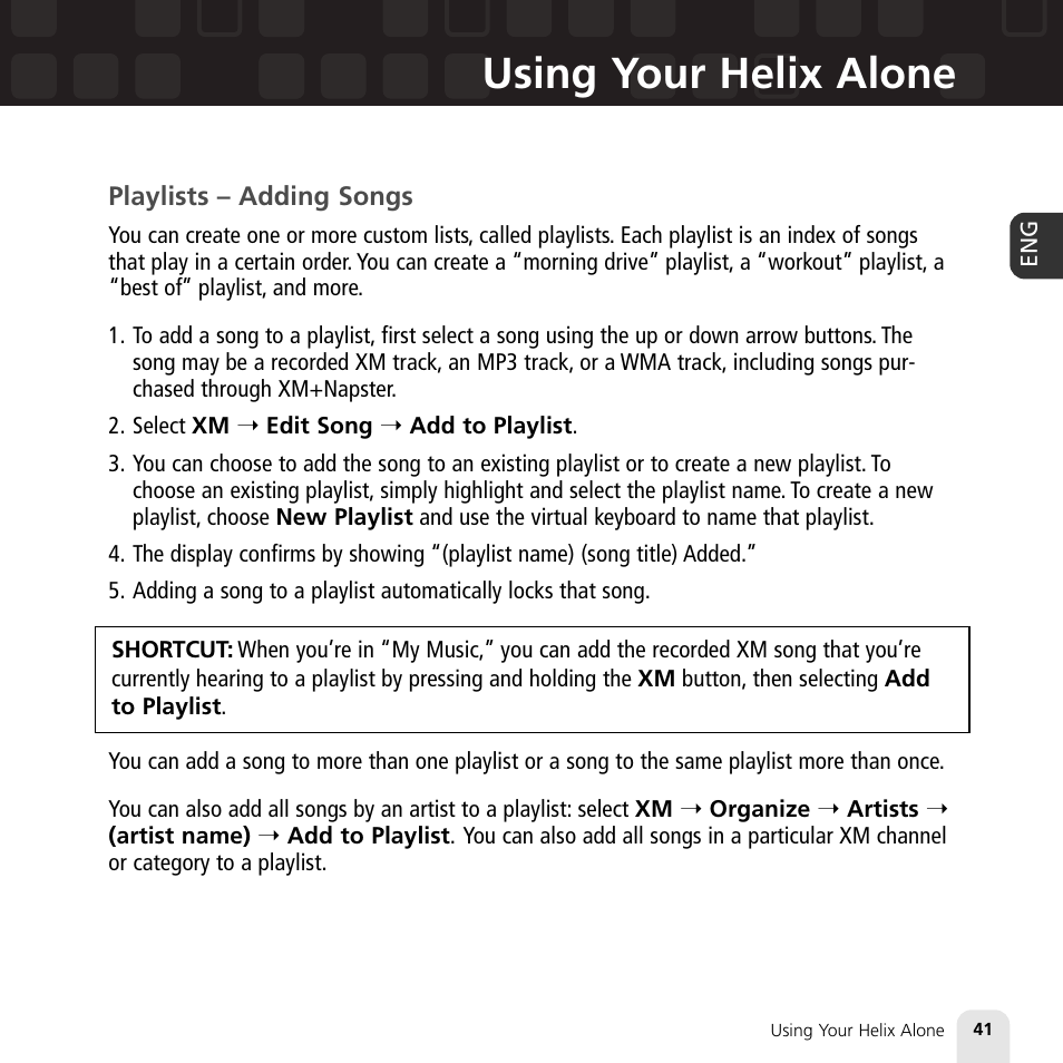 Using your helix alone | Samsung XM2go User Manual | Page 41 / 92