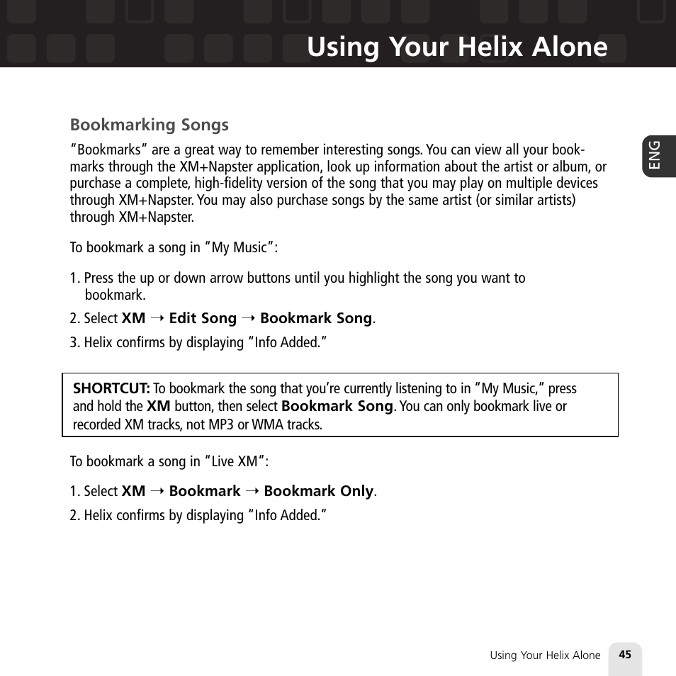 Using your helix alone | Samsung XM2go User Manual | Page 45 / 92