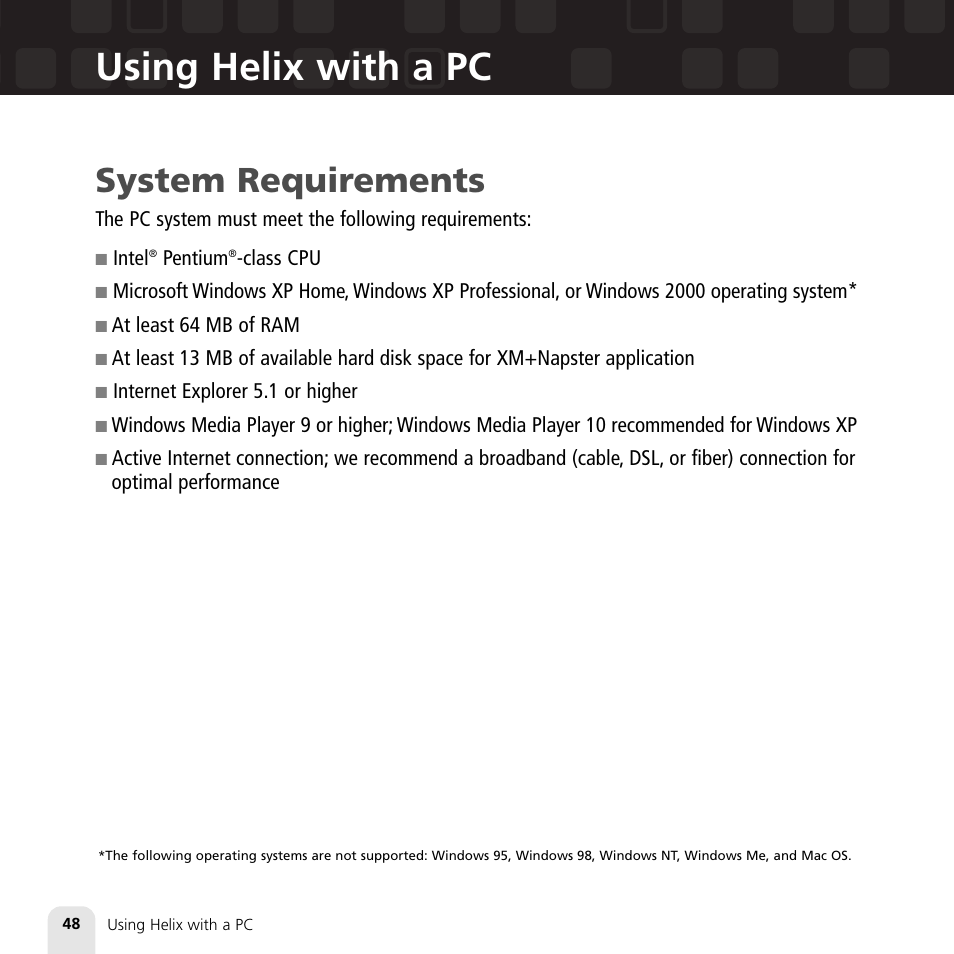 Using helix with a pc, System requirements | Samsung XM2go User Manual | Page 48 / 92