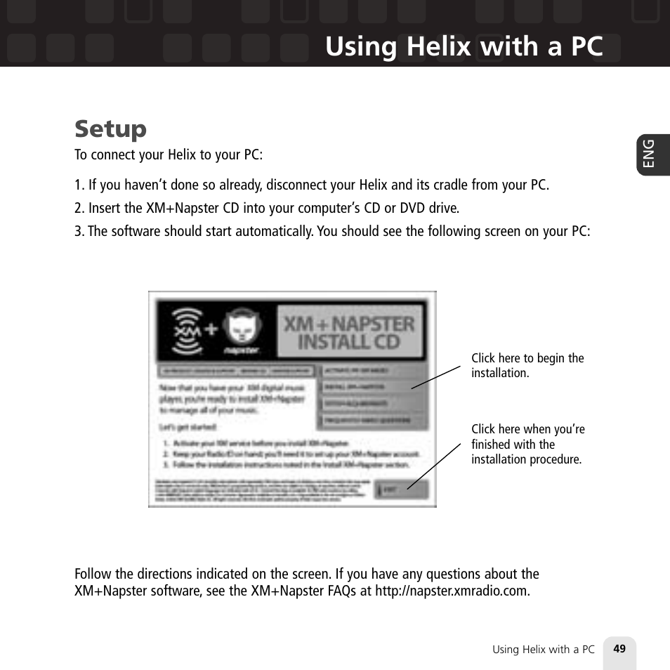 Using helix with a pc, Setup | Samsung XM2go User Manual | Page 49 / 92