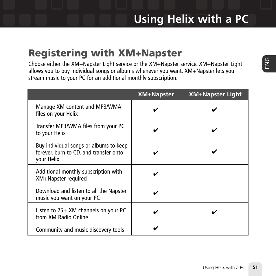 Using helix with a pc, Registering with xm+napster | Samsung XM2go User Manual | Page 51 / 92