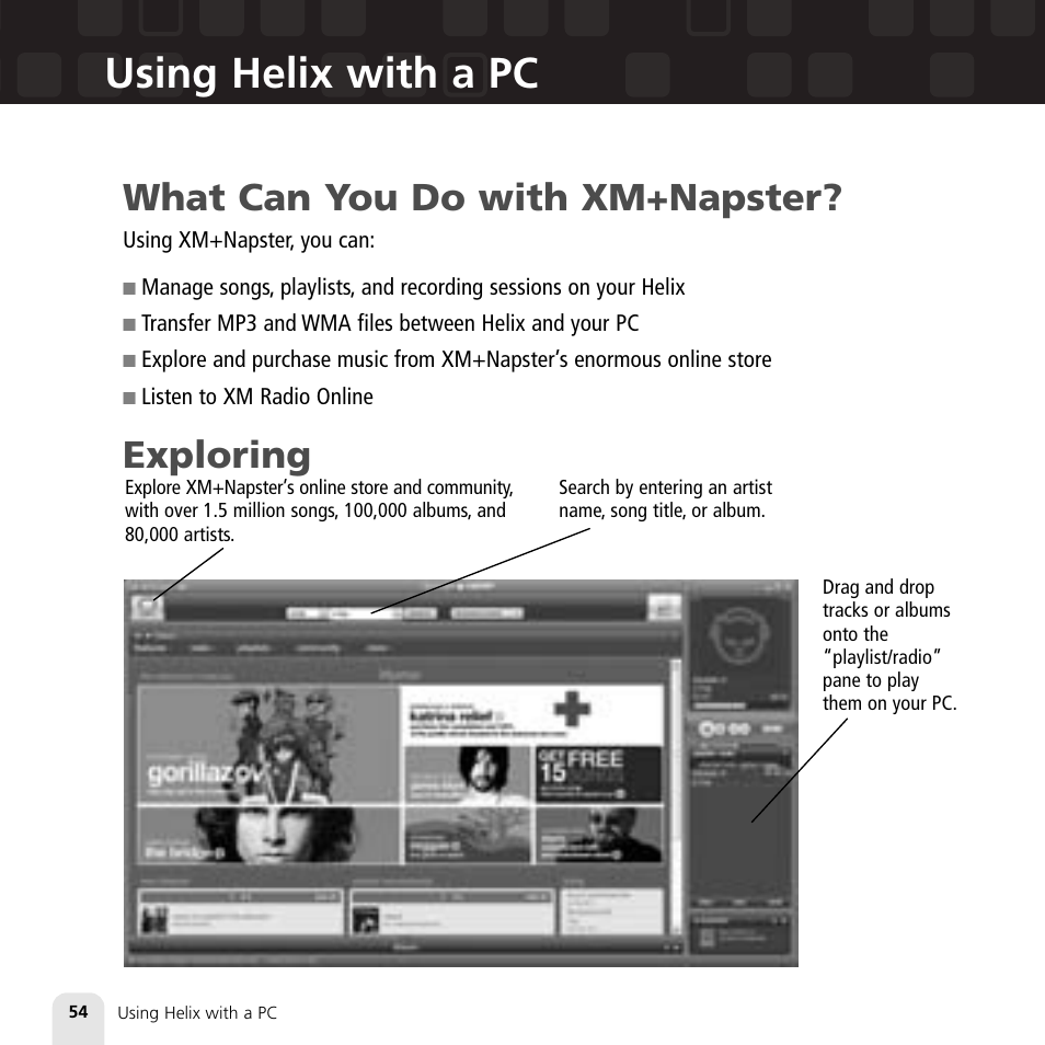 Using helix with a pc, What can you do with xm+napster, Exploring | Samsung XM2go User Manual | Page 54 / 92