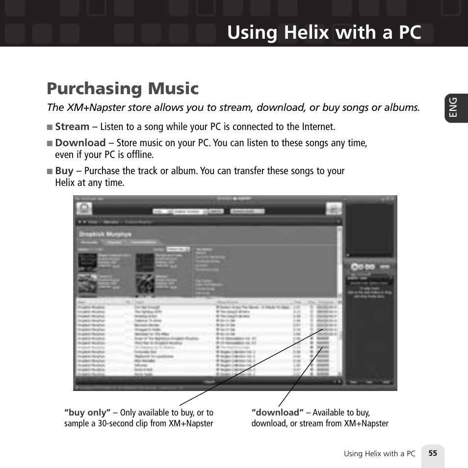 Using helix with a pc, Purchasing music | Samsung XM2go User Manual | Page 55 / 92