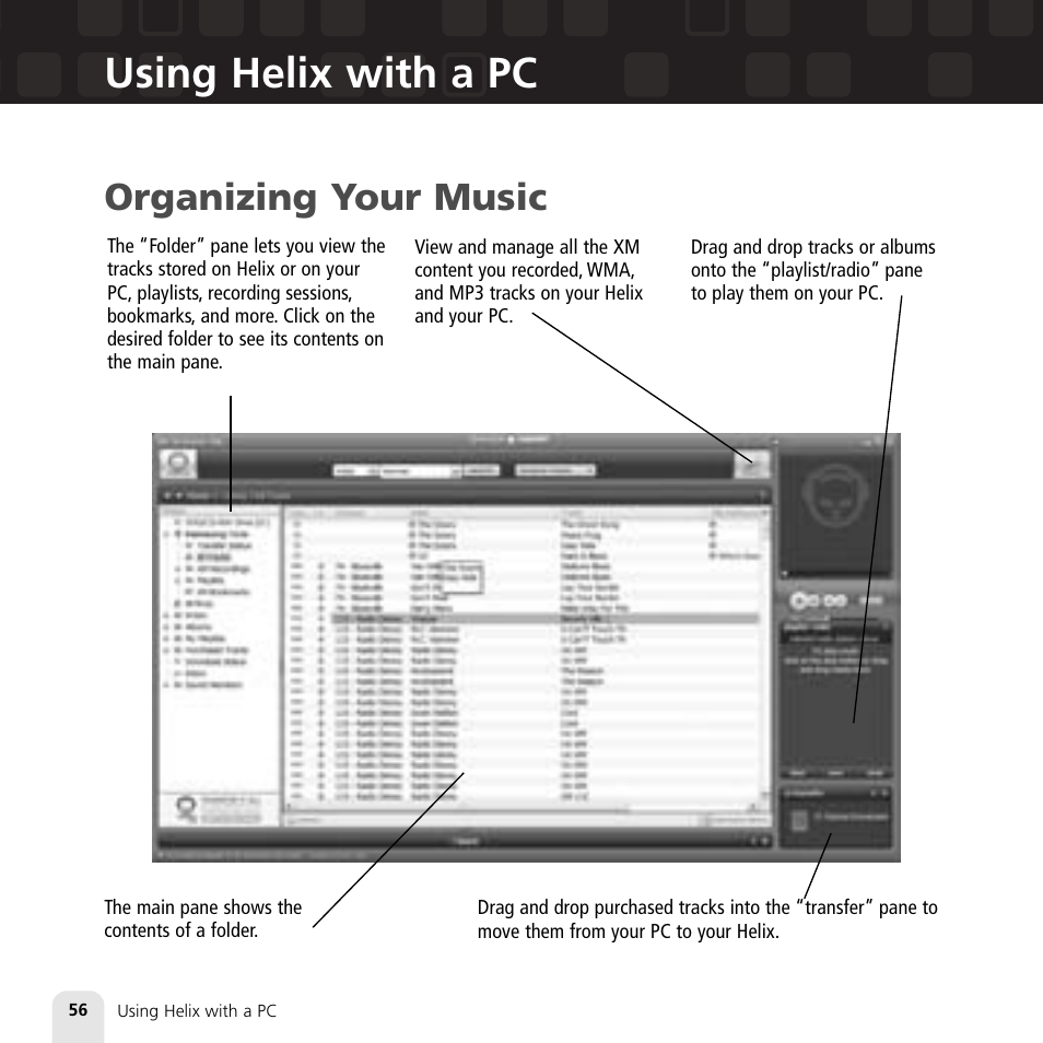 Using helix with a pc, Organizing your music | Samsung XM2go User Manual | Page 56 / 92