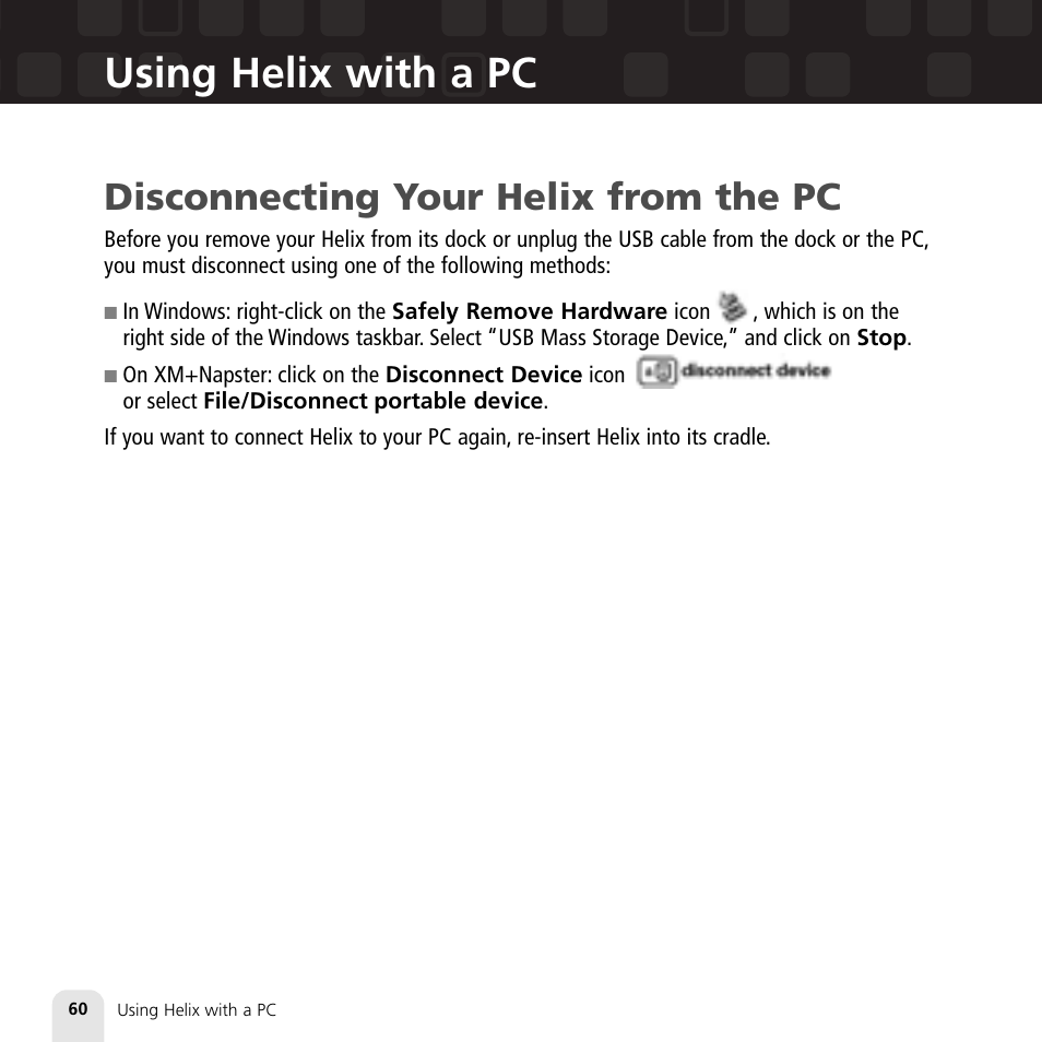 Using helix with a pc, Disconnecting your helix from the pc | Samsung XM2go User Manual | Page 60 / 92