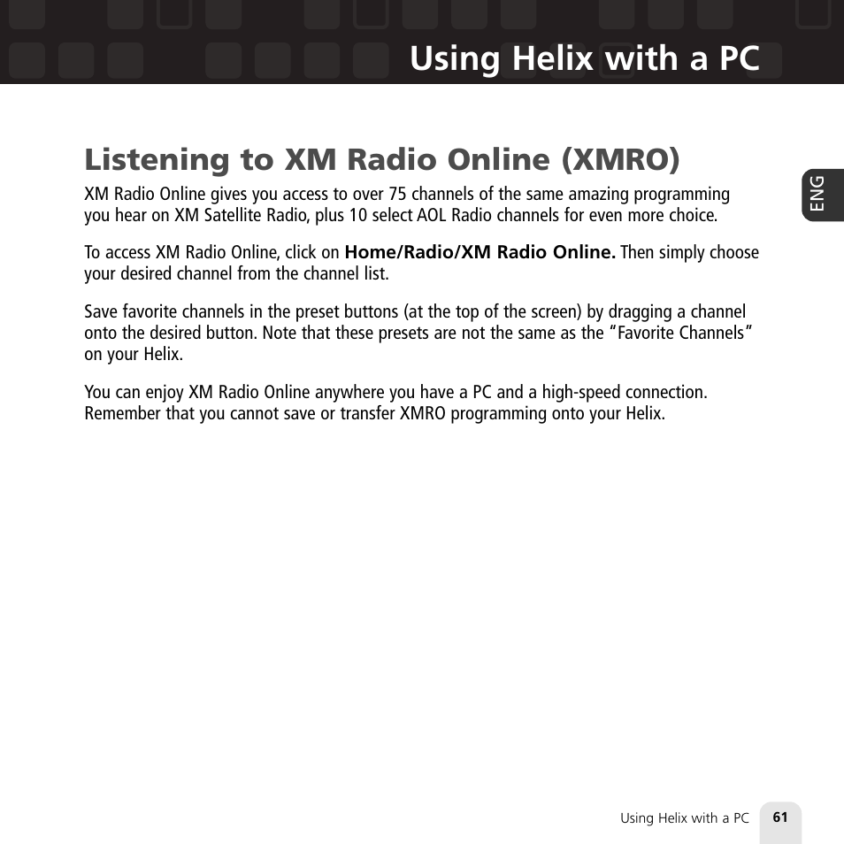 Using helix with a pc, Listening to xm radio online (xmro) | Samsung XM2go User Manual | Page 61 / 92