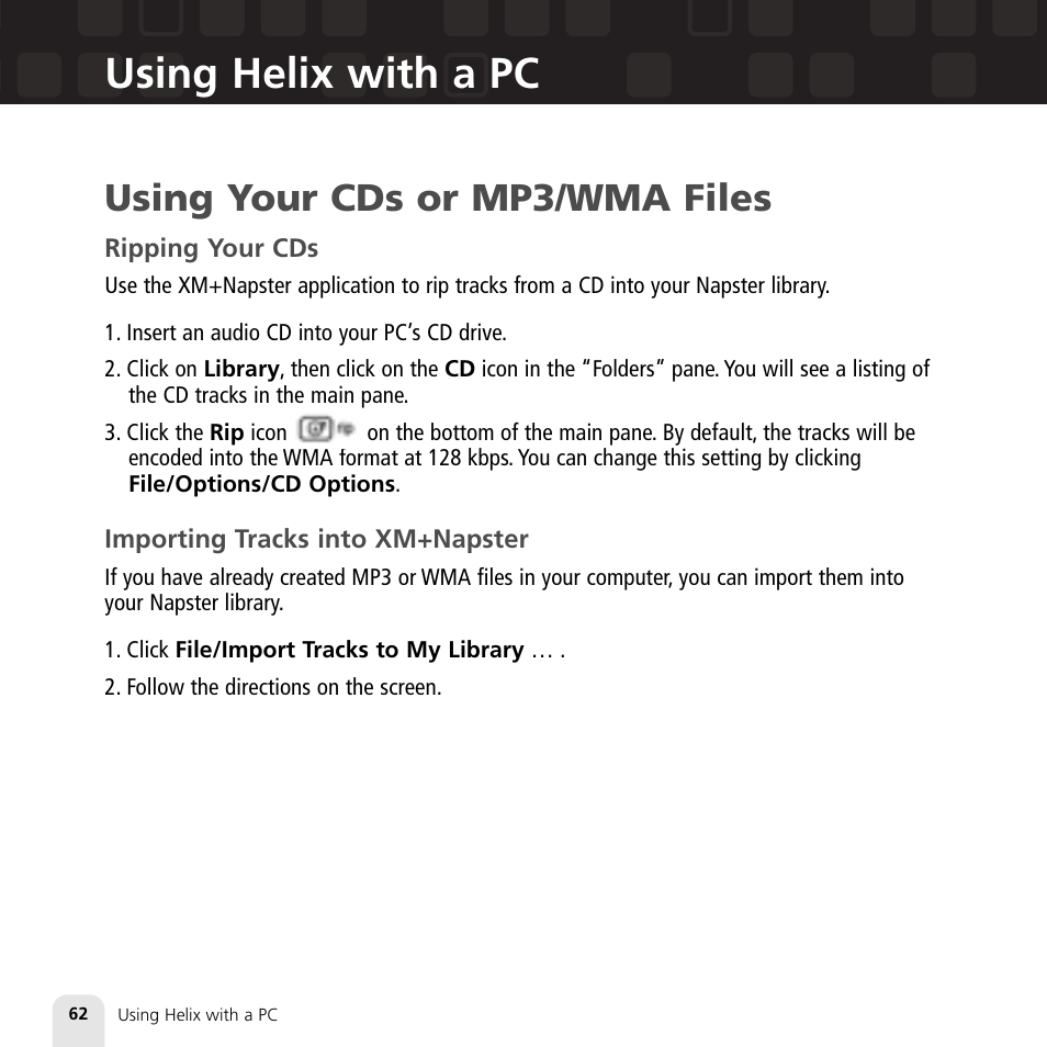 Using helix with a pc, Using your cds or mp3/wma files | Samsung XM2go User Manual | Page 62 / 92