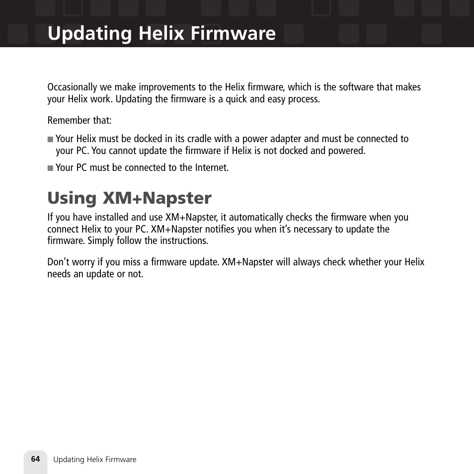 Updating helix firmware, Using xm+napster | Samsung XM2go User Manual | Page 64 / 92
