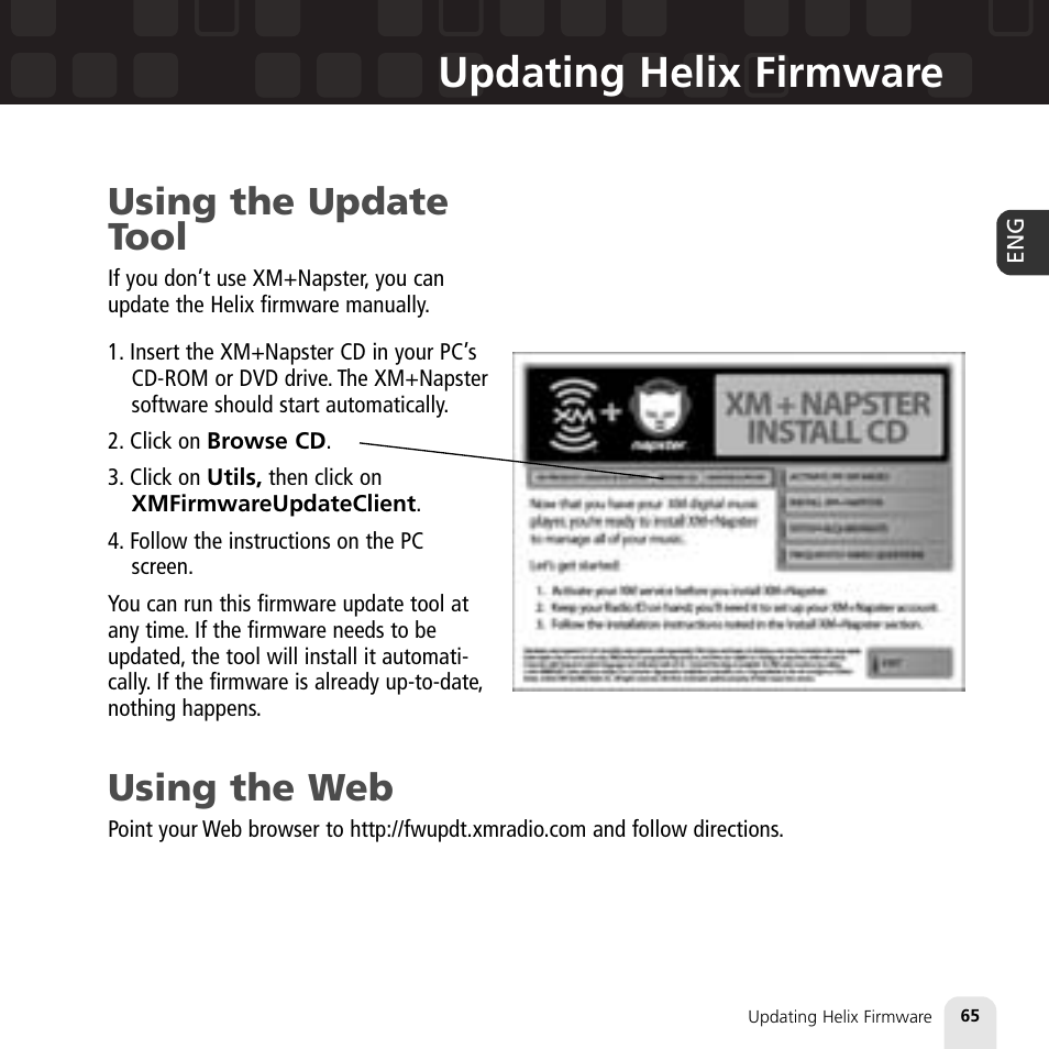 Updating helix firmware, Using the update tool, Using the web | Samsung XM2go User Manual | Page 65 / 92