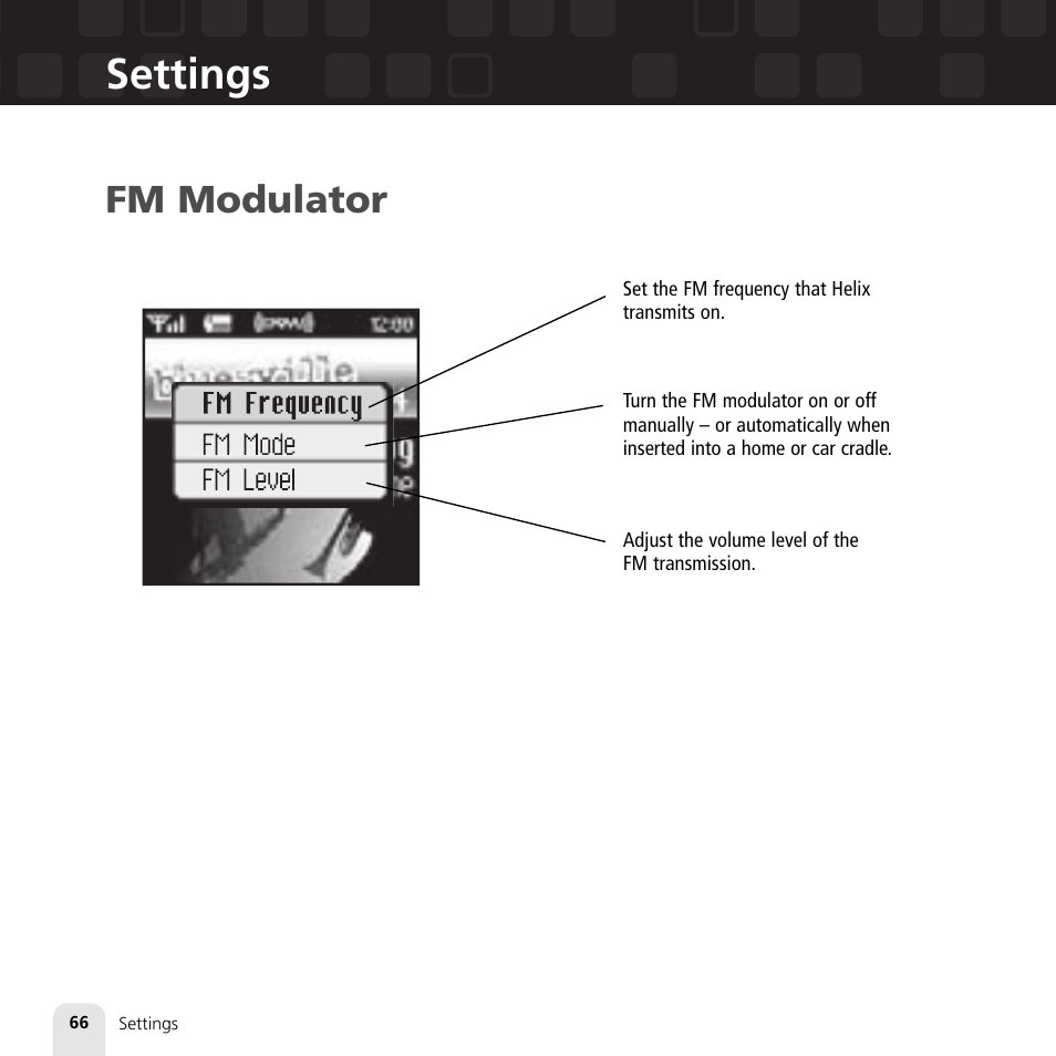 Settings, Fm modulator | Samsung XM2go User Manual | Page 66 / 92