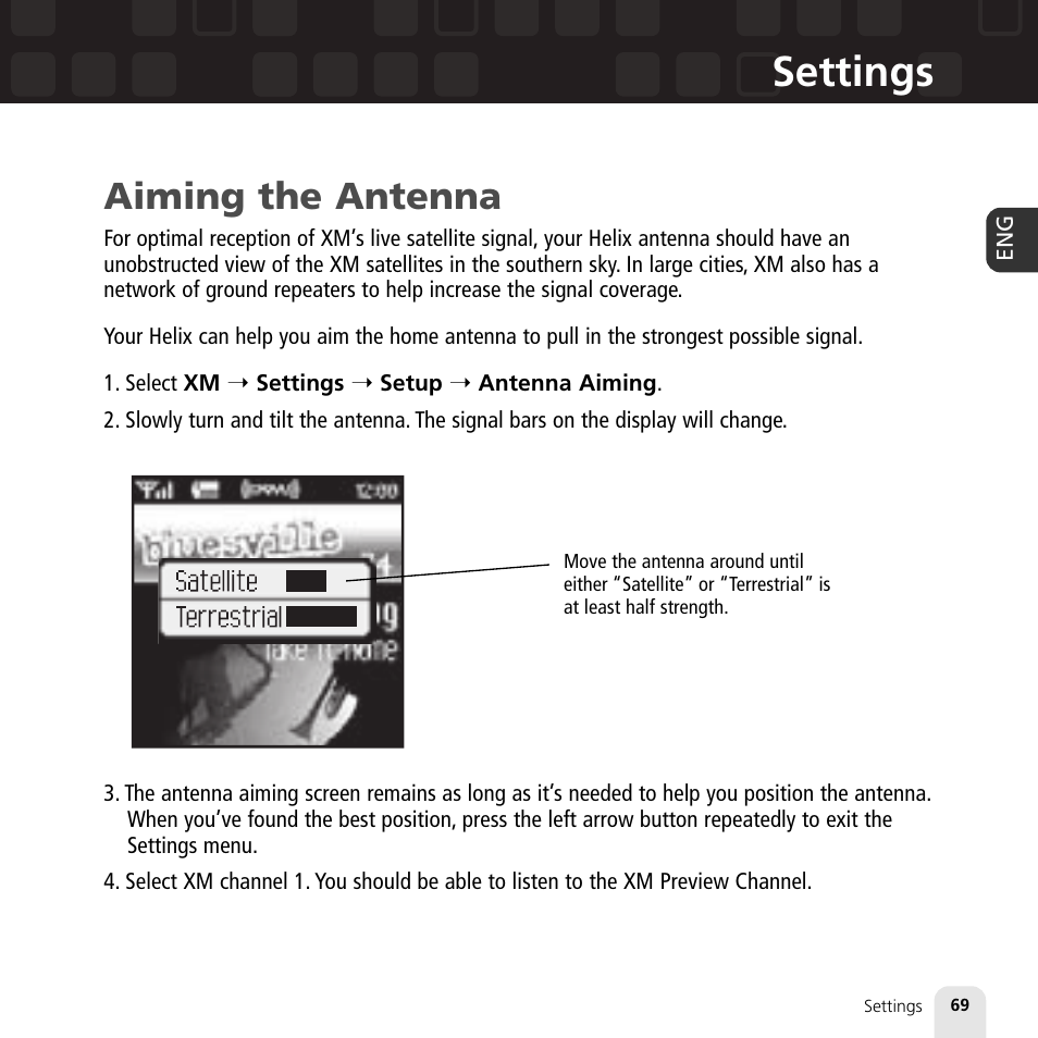 Settings, Aiming the antenna | Samsung XM2go User Manual | Page 69 / 92