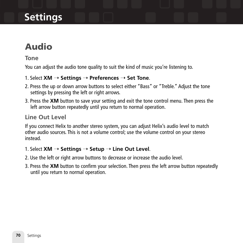 Settings, Audio | Samsung XM2go User Manual | Page 70 / 92