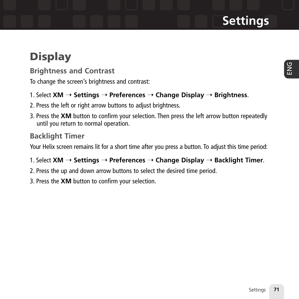 Settings, Display | Samsung XM2go User Manual | Page 71 / 92