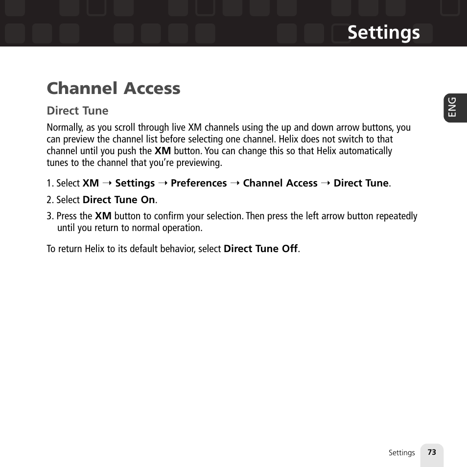Settings, Channel access | Samsung XM2go User Manual | Page 73 / 92