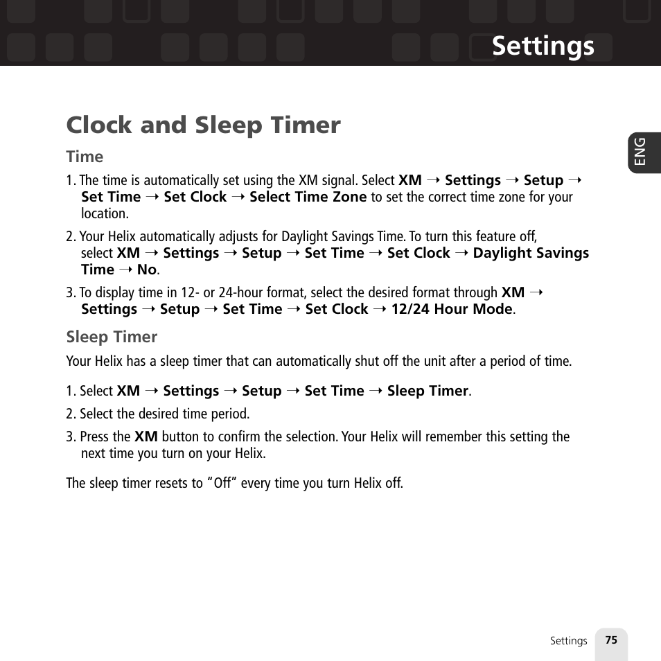 Settings, Clock and sleep timer | Samsung XM2go User Manual | Page 75 / 92