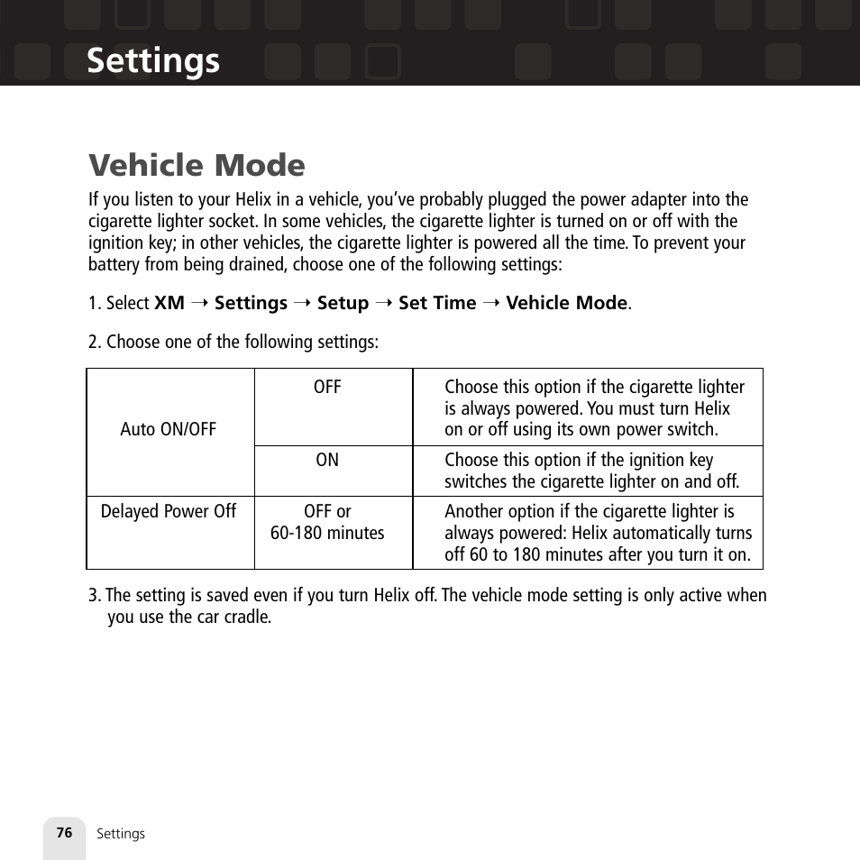 Settings, Vehicle mode | Samsung XM2go User Manual | Page 76 / 92