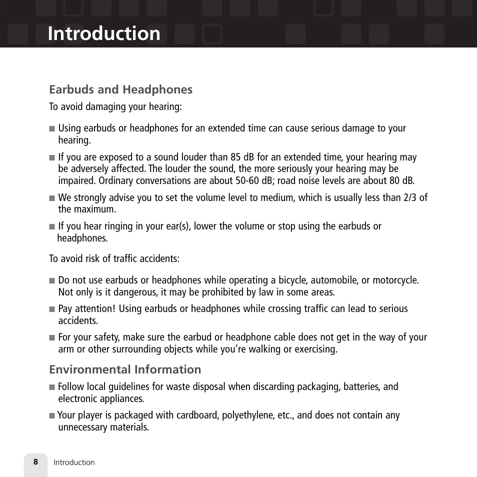 Introduction, Earbuds and headphones, Environmental information | Samsung XM2go User Manual | Page 8 / 92