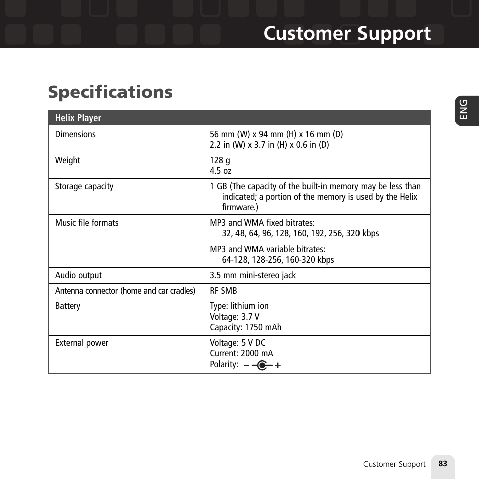 Customer support, Specifications | Samsung XM2go User Manual | Page 83 / 92