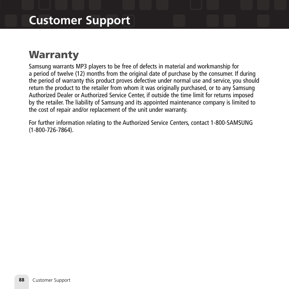 Customer support, Warranty | Samsung XM2go User Manual | Page 88 / 92