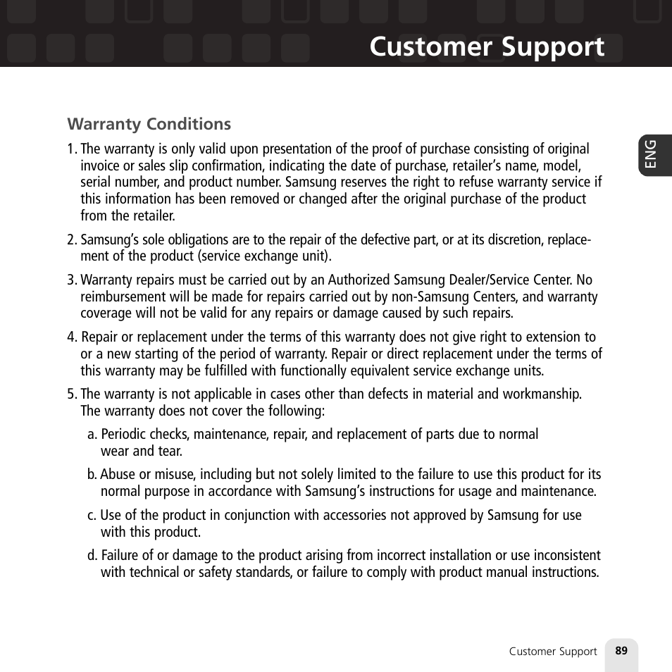 Customer support | Samsung XM2go User Manual | Page 89 / 92