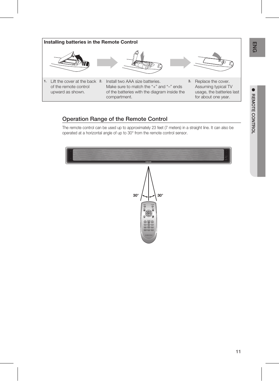 Operation range of the remote control, Installing batteries in the remote control | Samsung AH68-02184F User Manual | Page 11 / 20