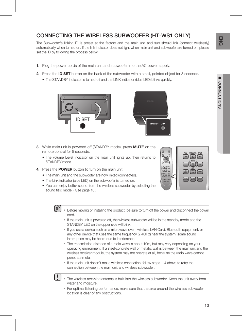 Connecting the wireless subwoofer (ht-ws1 only) | Samsung AH68-02184F User Manual | Page 13 / 20