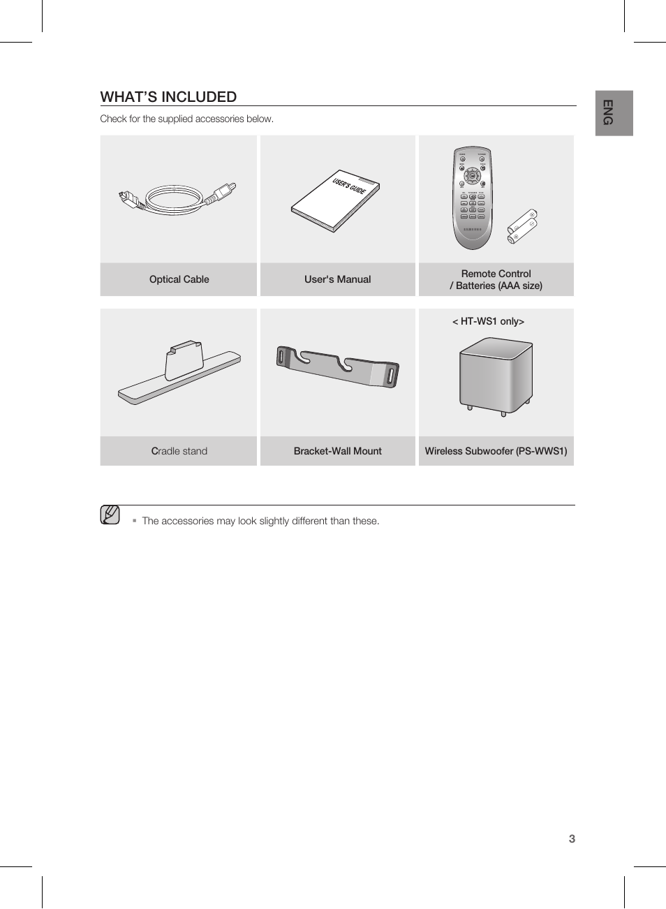 What’s included, Check for the supplied accessories below, Ht-ws1 only | Samsung AH68-02184F User Manual | Page 3 / 20