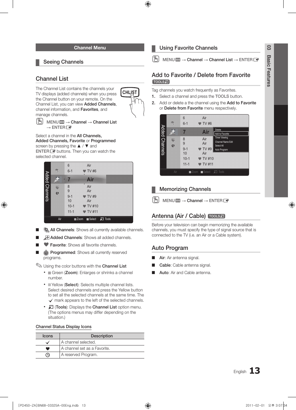 Channel list, Add to favorite / delete from favorite, Antenna (air / cable) | Auto program | Samsung 440 User Manual | Page 13 / 38