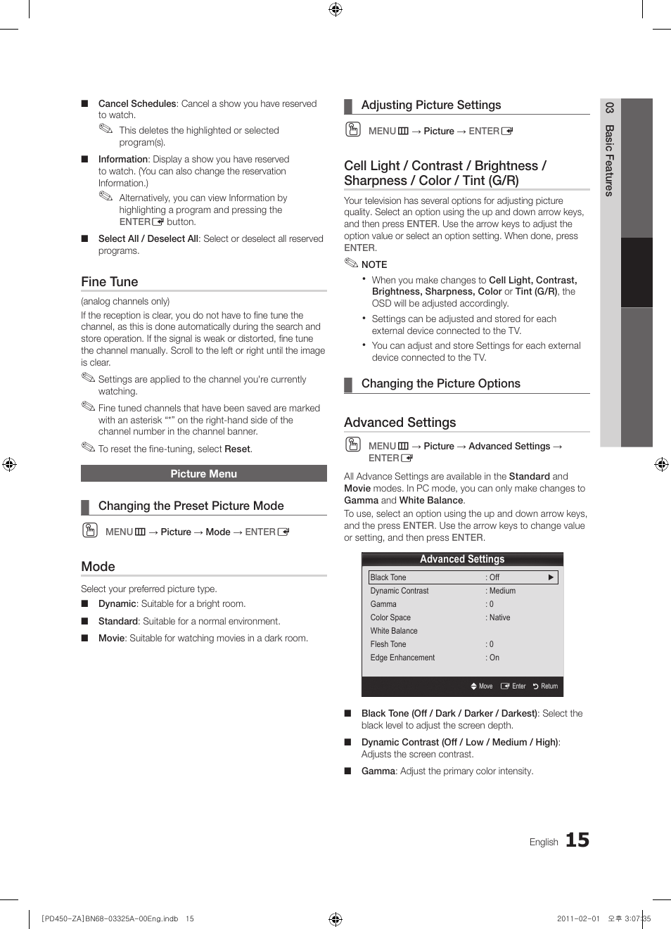 Fine tune, Mode, Advanced settings | Samsung 440 User Manual | Page 15 / 38