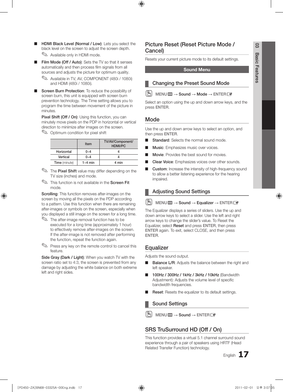 Picture reset (reset picture mode / cancel), Mode, Equalizer | Srs trusurround hd (off / on) | Samsung 440 User Manual | Page 17 / 38