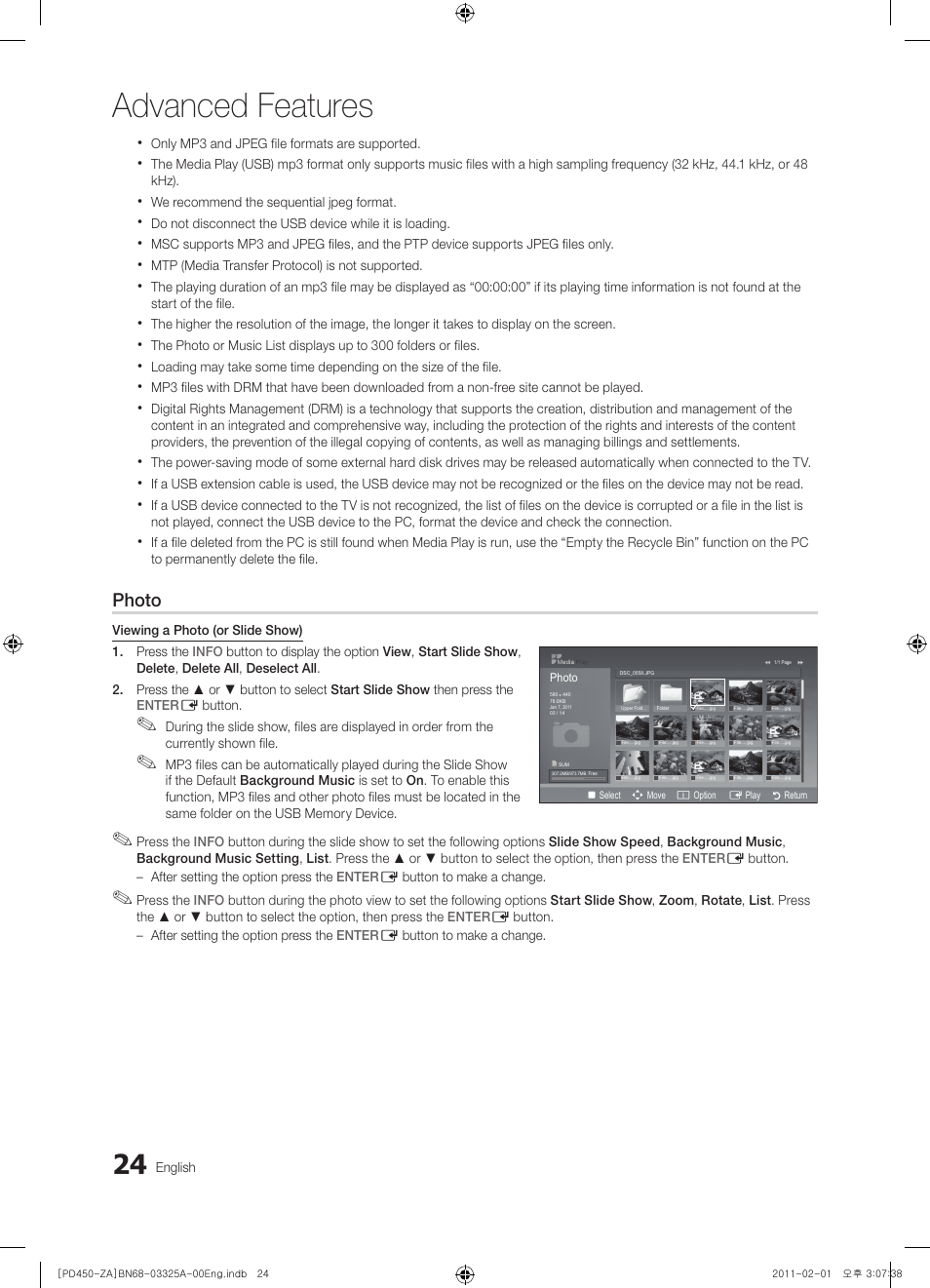 Advanced features, Photo | Samsung 440 User Manual | Page 24 / 38