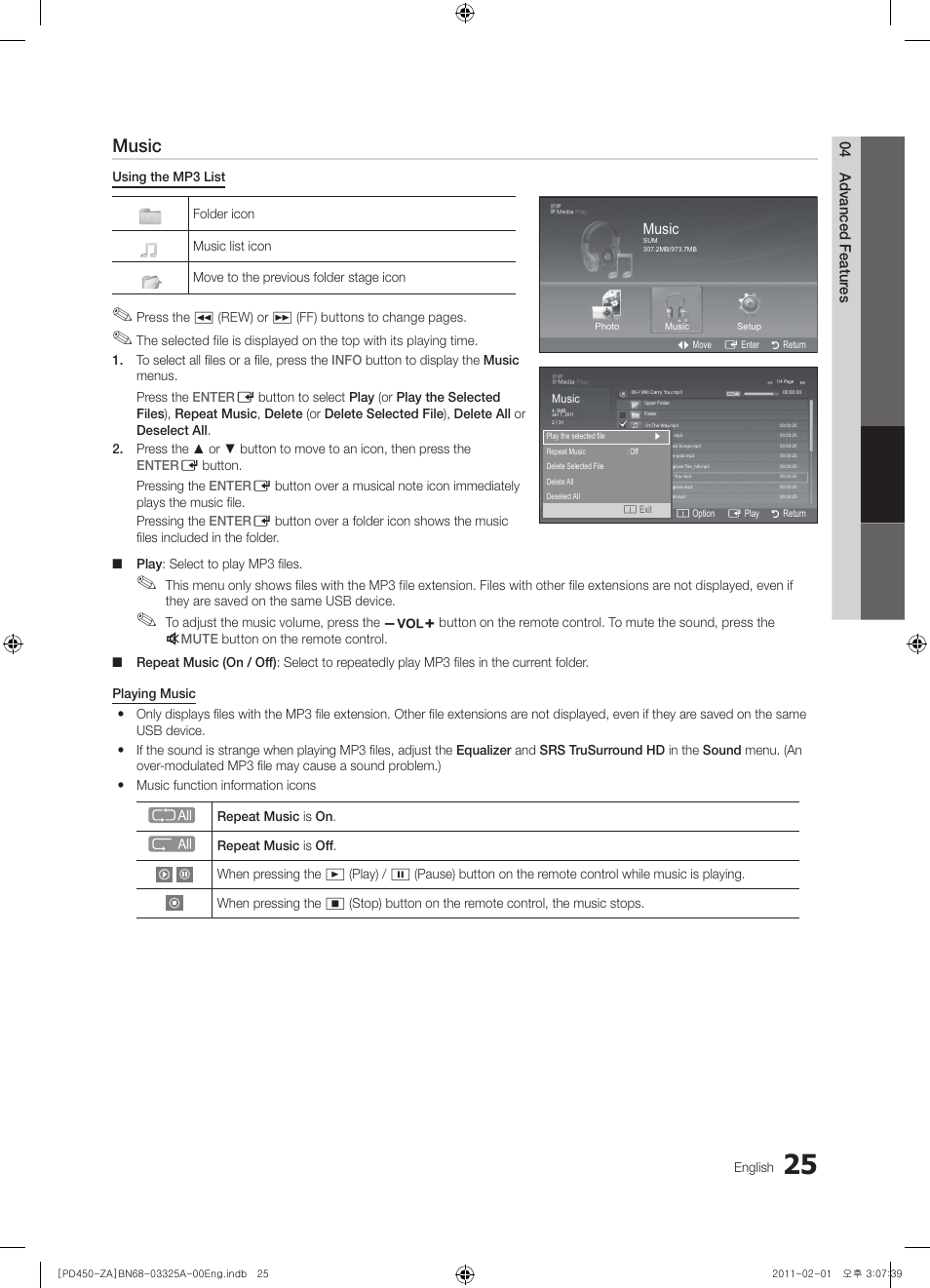 Music, 04 advanced featur es, Photo | English | Samsung 440 User Manual | Page 25 / 38