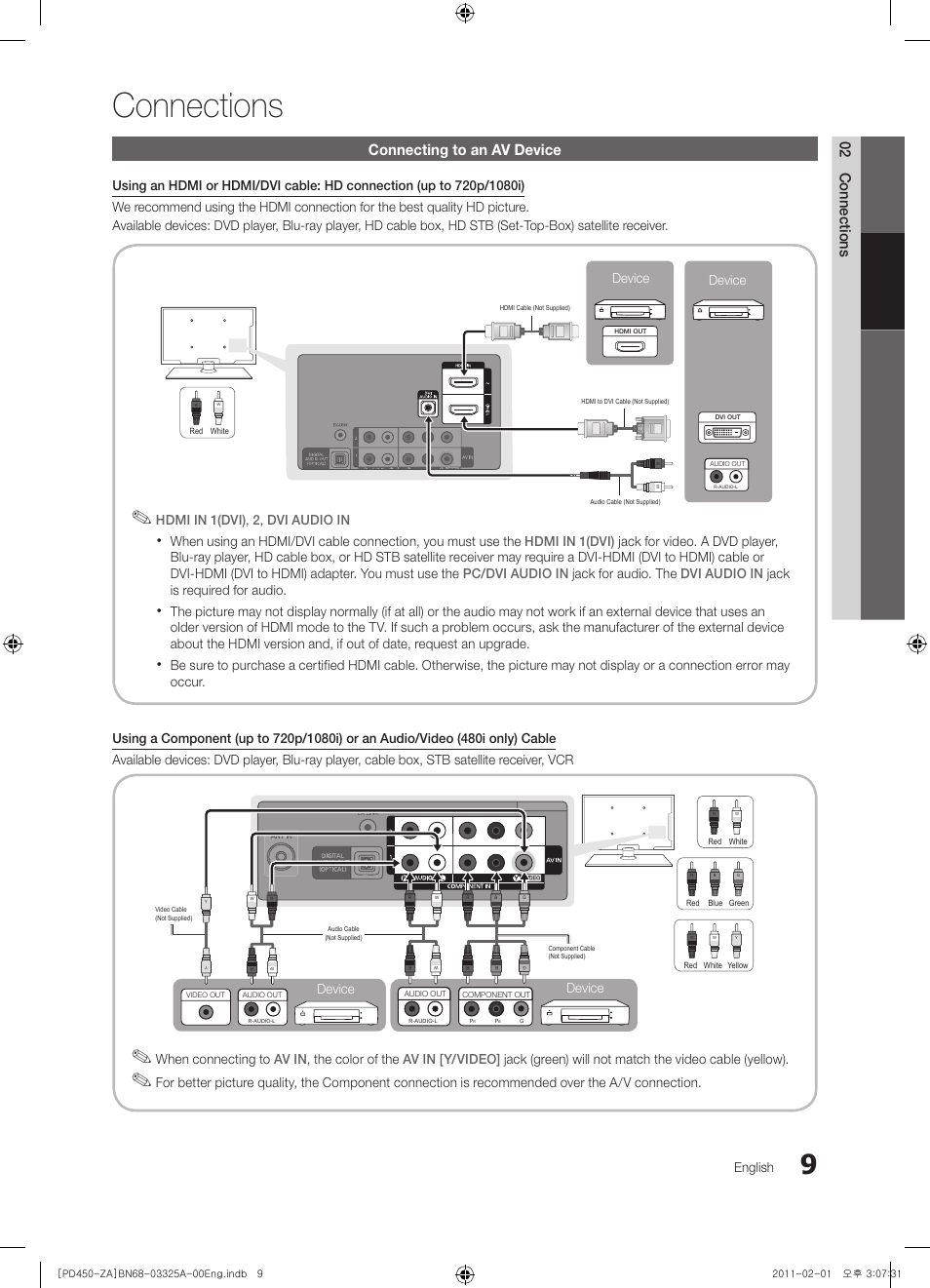 Connections, 02 connections, Connecting to an av device | Samsung 440 User Manual | Page 9 / 38